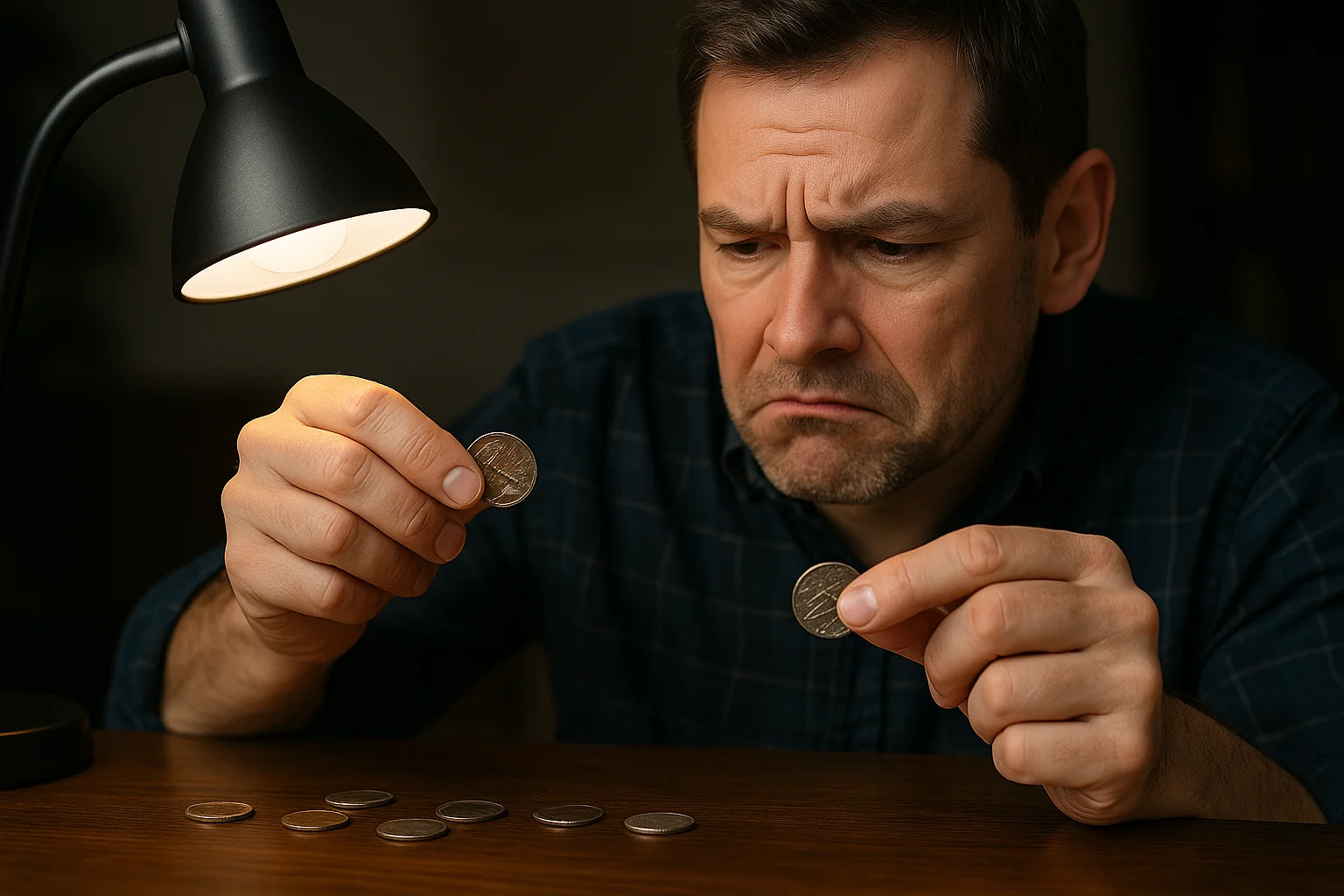 A collector examines a scratched coin under a desk lamp, removing damaged pieces during the initial sorting stage.