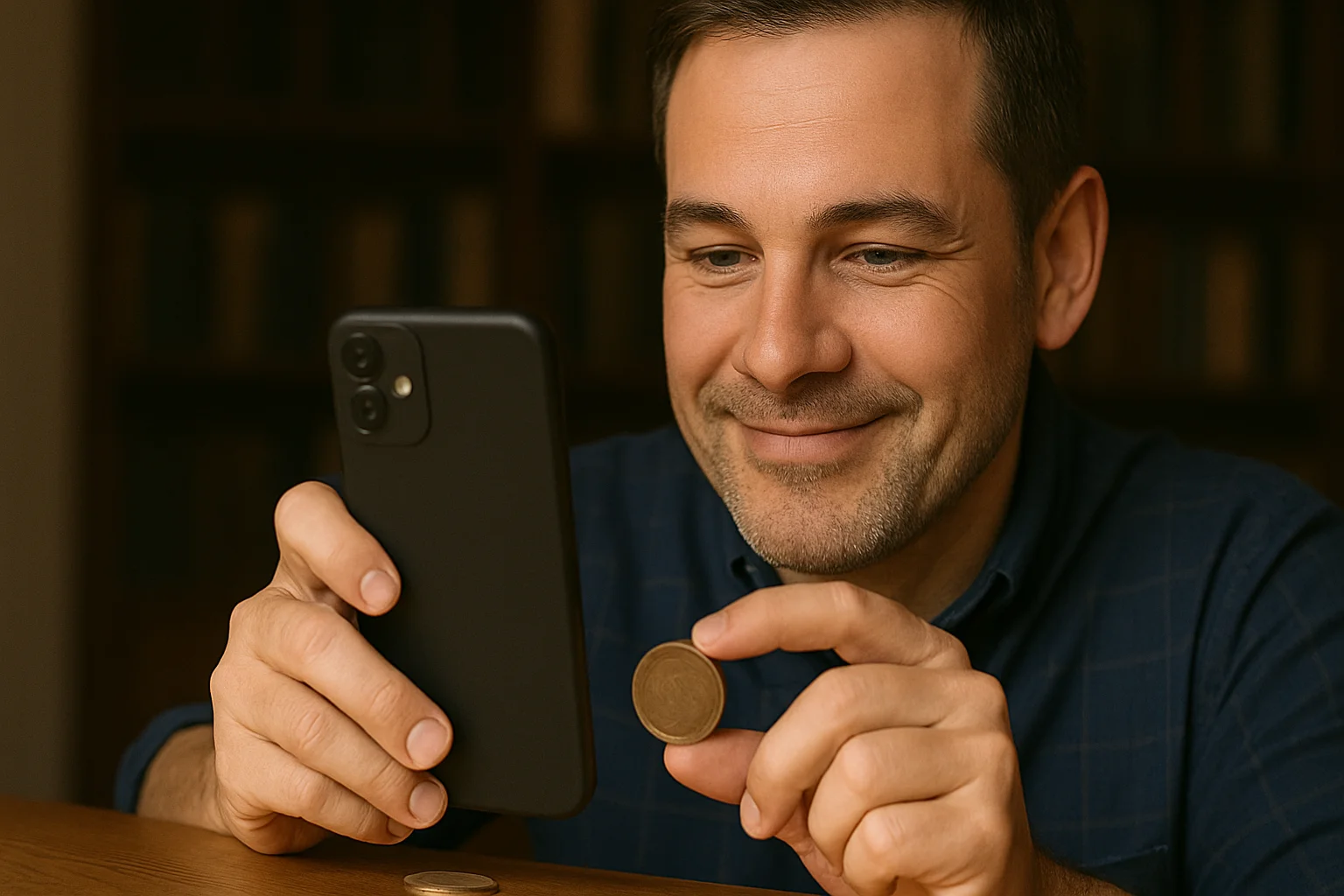 A collector took a photo of a coin in his hands to identify and estimate it correctly.