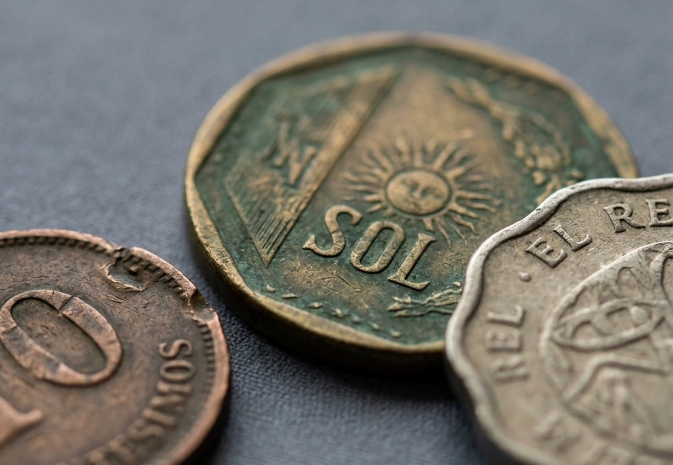 Close-up look of worn foreign coins